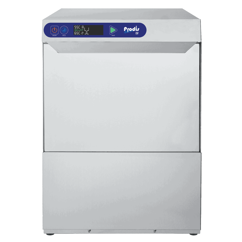Commercial stainless steel dishwasher front view