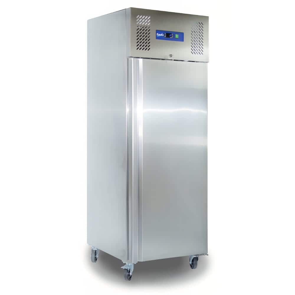 Commercial stainless steel upright refrigerator on wheels.