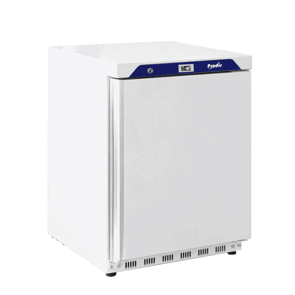 Compact white commercial refrigerator with digital display.