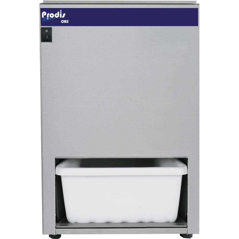 Commercial kitchen ice maker with stainless steel exterior.