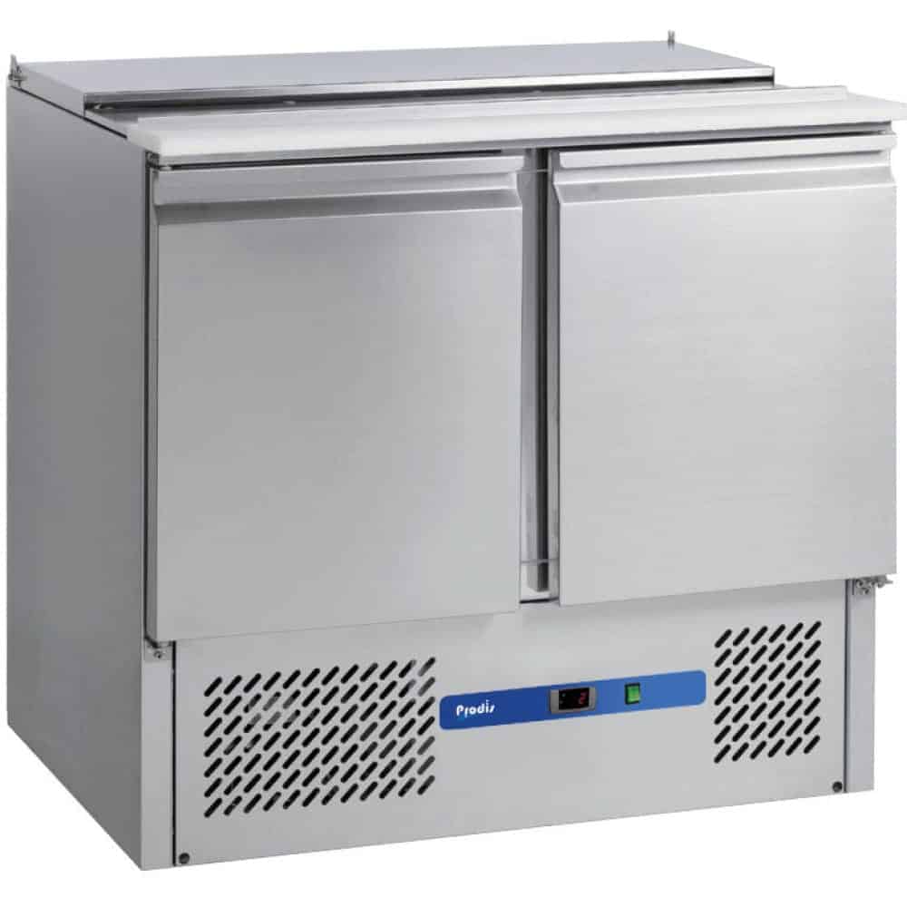 Stainless steel commercial undercounter refrigerator.
