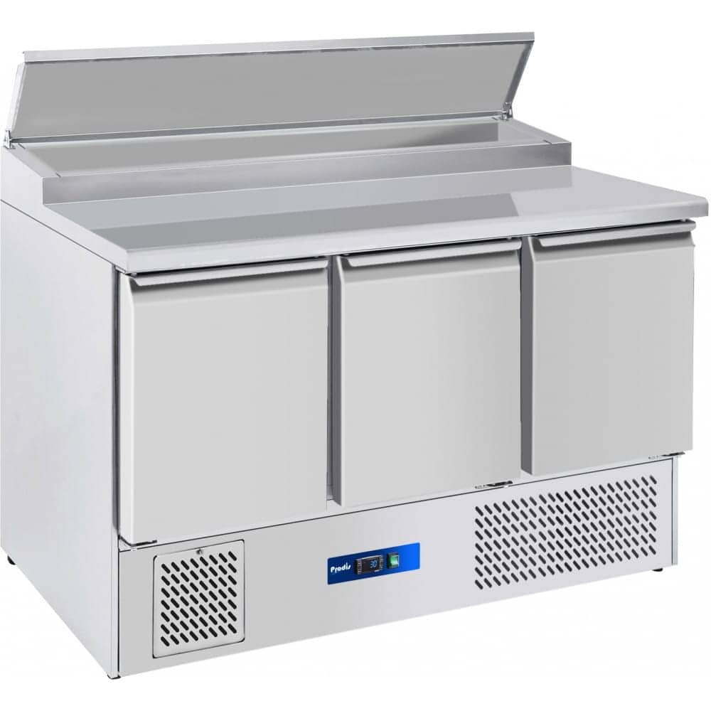 Commercial stainless steel refrigeration unit with three doors.