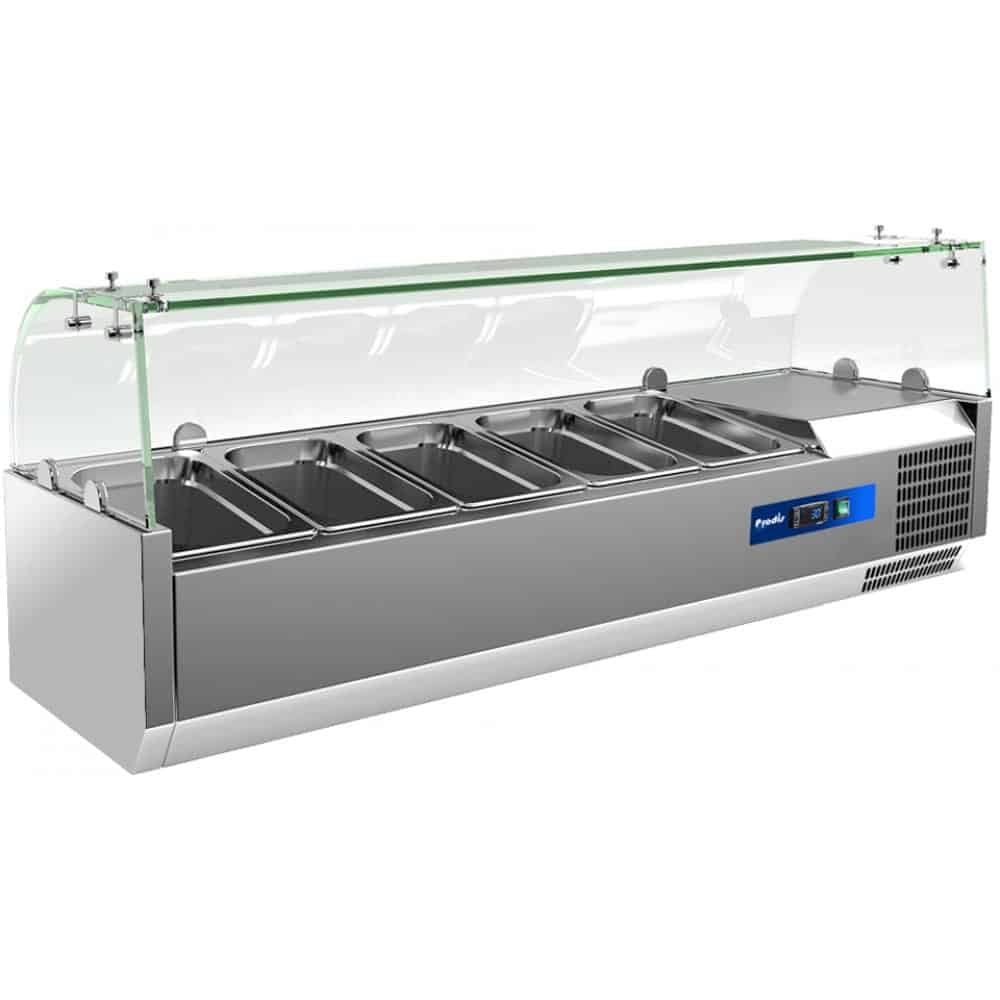 Stainless steel refrigerated food display counter.