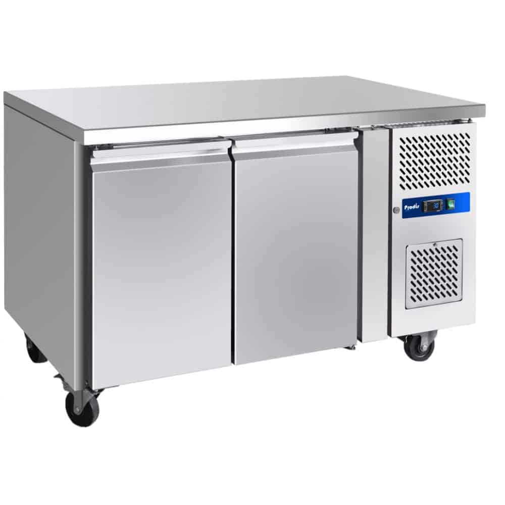 Commercial stainless steel refrigerated workbench with wheels.