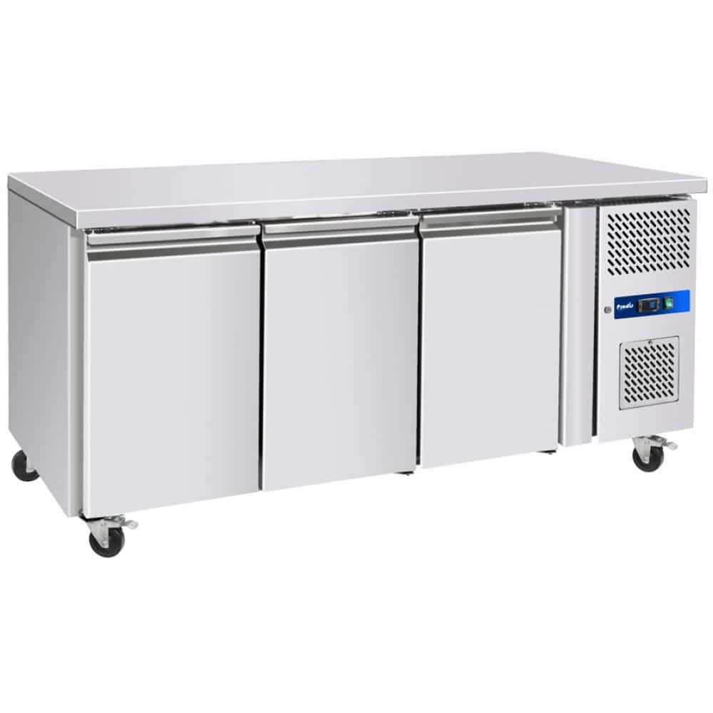 Commercial stainless steel refrigerator with three doors.
