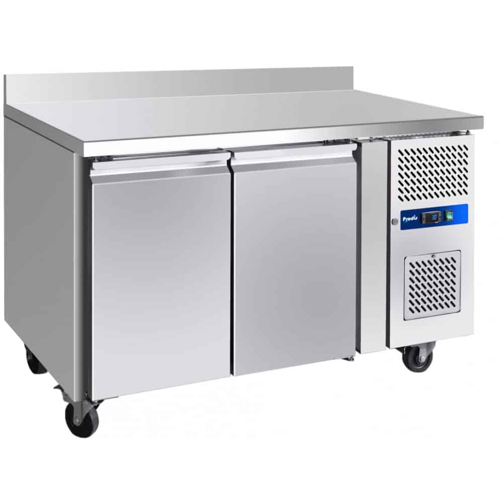 Stainless steel commercial refrigeration unit on wheels.