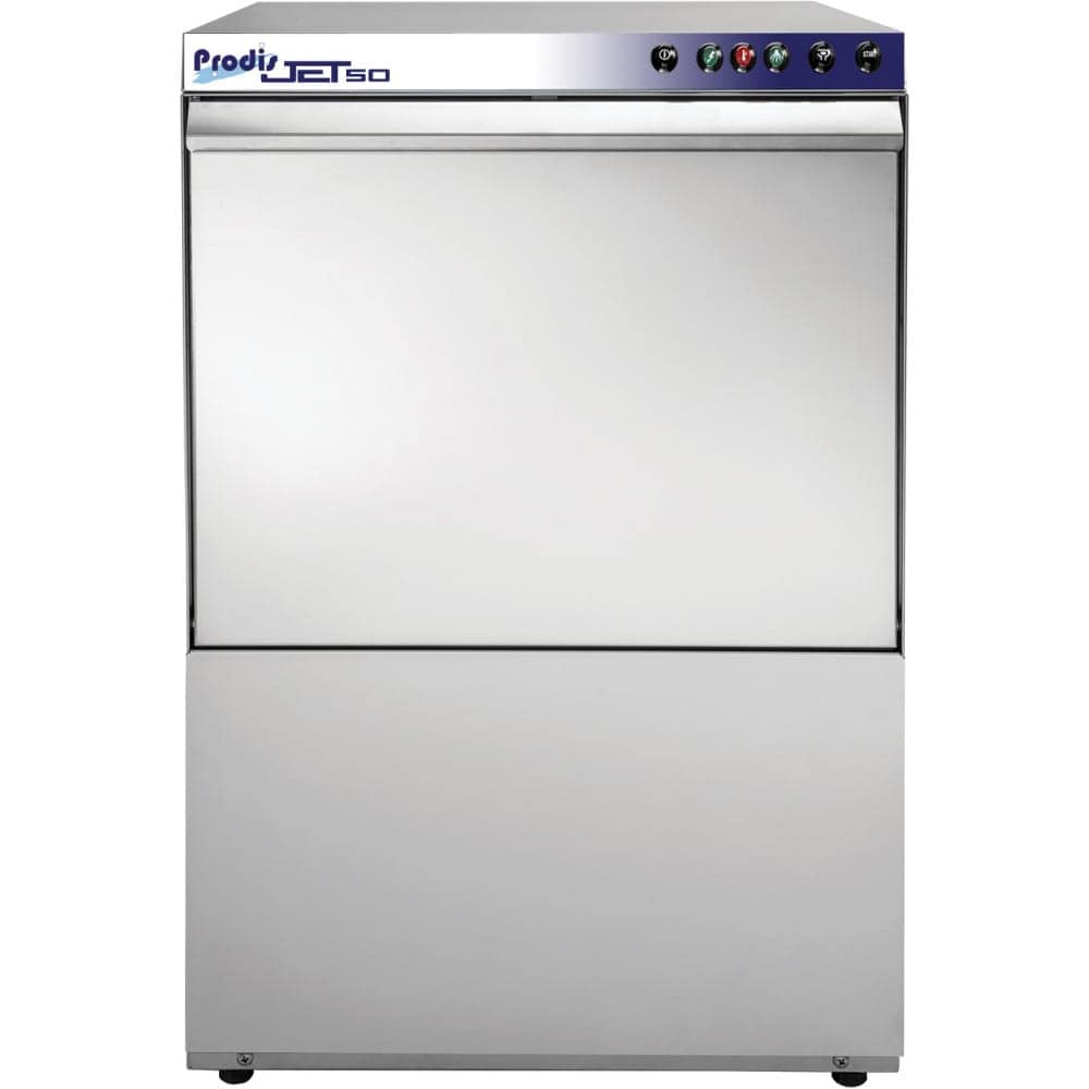 Commercial stainless steel dishwasher with control panel.
