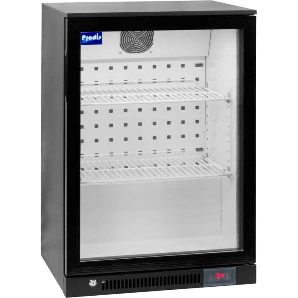 Black display fridge with glass door and shelves.