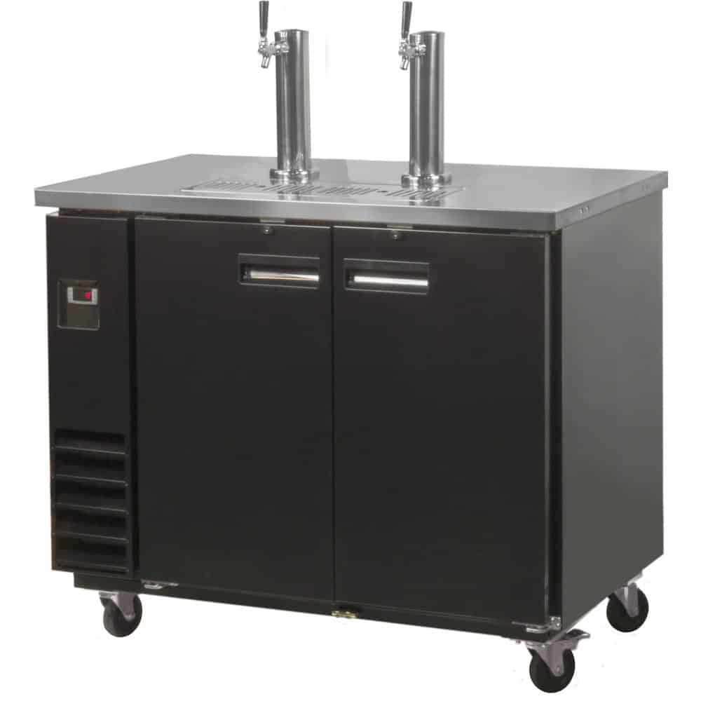 Black dual-tap kegerator on wheels.