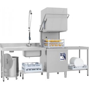 Commercial dishwasher with racks and sprayer